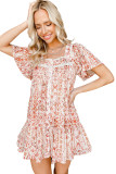 Red Button Front Flutter Sleeve Print Dress with Ruffles