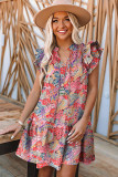 Multicolor Gorgeous Floral Print Tie V Neck Ruffle Dress