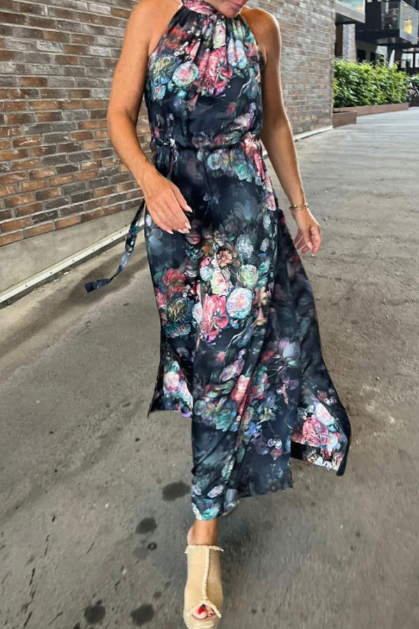 Sleeveless Tie Dye Halter Neck Floral Maxi Dress