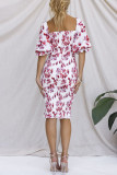 Square Neck Puff Sleeves Floral Slim Dress
