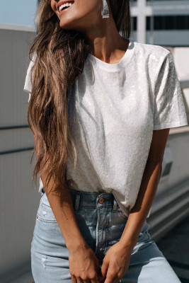 White Sequin Casual Short Sleeve T Shirt
