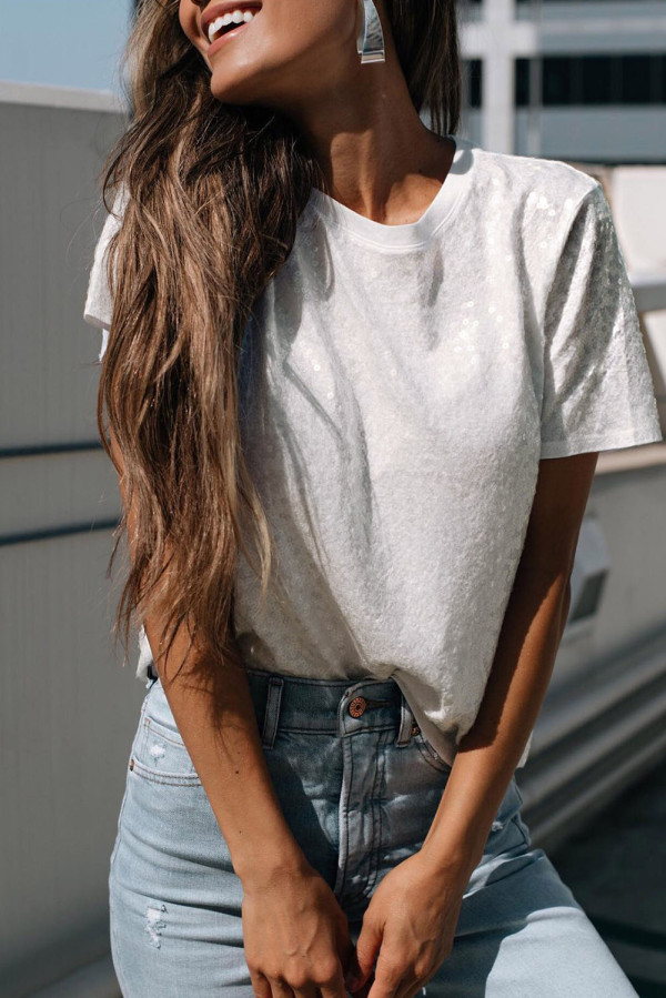White Sequin Casual Short Sleeve T Shirt