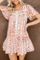 Red Button Front Flutter Sleeve Print Dress with Ruffles