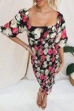 Square Neck Puff Sleeves Floral Slim Dress