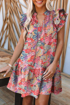 Multicolor Gorgeous Floral Print Tie V Neck Ruffle Dress