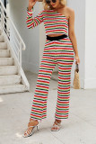 Multi Color Stripes One Shoulder Top and Flare Pants 2PCS Knitting Set
