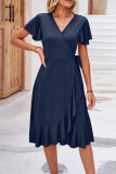 Plain Wrap V Neck Side Sash Ruffles Midi Dress