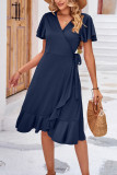 Plain Wrap V Neck Side Sash Ruffles Midi Dress