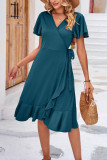 Plain Wrap V Neck Side Sash Ruffles Midi Dress