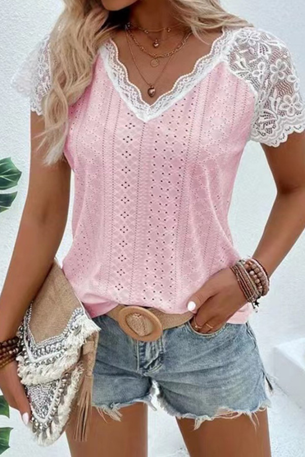 V Neck Lace Sleeves Eyelet Top