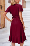 Plain Wrap V Neck Side Sash Ruffles Midi Dress