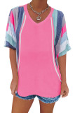 Pink White Stripe Patchwork V Neck T Shirt