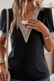 V Neck Short Sleeves Eyelet Plain Top
