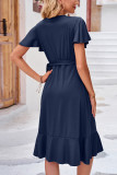 Plain Wrap V Neck Side Sash Ruffles Midi Dress