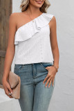 Plain Eyelet One Shoulder Ruffles Tank Top