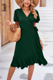 Plain Wrap V Neck Side Sash Ruffles Midi Dress