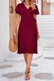 Plain Wrap V Neck Side Sash Ruffles Midi Dress