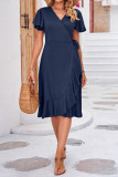 Plain Wrap V Neck Side Sash Ruffles Midi Dress