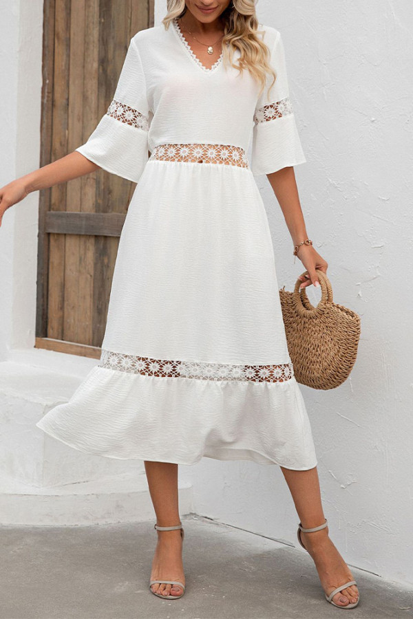 Plain V Neck Hollow Out Lace Splicing Maxi Dress