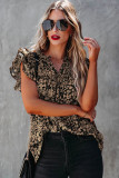 Khaki Floral Print Tiered Flutter Sleeve V Neck Top