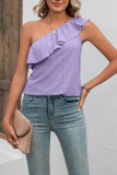 Plain Eyelet One Shoulder Ruffles Tank Top