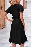 Plain Wrap V Neck Side Sash Ruffles Midi Dress
