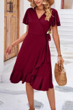 Plain Wrap V Neck Side Sash Ruffles Midi Dress