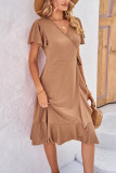 Plain Wrap V Neck Side Sash Ruffles Midi Dress