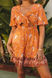 Yellow Self-tie Front Cut-out Floral Dress