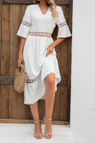 Plain V Neck Hollow Out Lace Splicing Maxi Dress