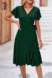 Plain Wrap V Neck Side Sash Ruffles Midi Dress