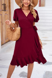 Plain Wrap V Neck Side Sash Ruffles Midi Dress