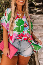 Green Floral Print Faux Wrap Plus Size Blouse