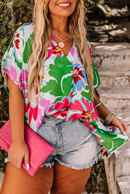 Green Floral Print Faux Wrap Plus Size Blouse