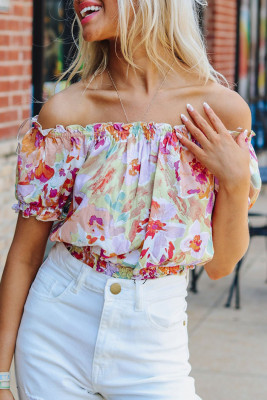 Multicolor Floral Print Off Shoulder Puff Sleeve Blouse