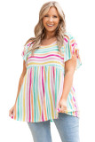 Multicolor Striped Ruffle Sleeve Plus Size Babydoll Top
