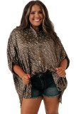 Leopard Buttoned Batwing Sleeve Plus Size Shirt