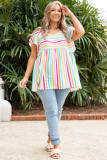 Multicolor Striped Ruffle Sleeve Plus Size Babydoll Top