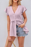 Ruffle Sleeves V Neck Button Up Splicing Shirt