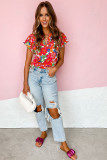 Red Floral Split Neck Top