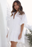 White Hollow Out Ruffled Buttoned Shirt Mini Dress