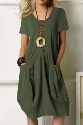 Crew Neck Loose Fit Pockets Plain Dress
