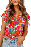 Red Floral Split Neck Top