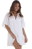 White Hollow Out Ruffled Buttoned Shirt Mini Dress