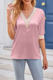 V Neck Lace Satin Half Sleeves Blouse