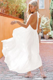 White Halter Neck Deep V Backless Asymmetric Maxi Dress