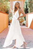 White Halter Neck Deep V Backless Asymmetric Maxi Dress