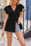 Ruffle Sleeves V Neck Button Up Splicing Shirt