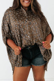 Leopard Buttoned Batwing Sleeve Plus Size Shirt