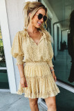 Leopard Shirred Puff Half Sleeve Ruffled Mini Dress